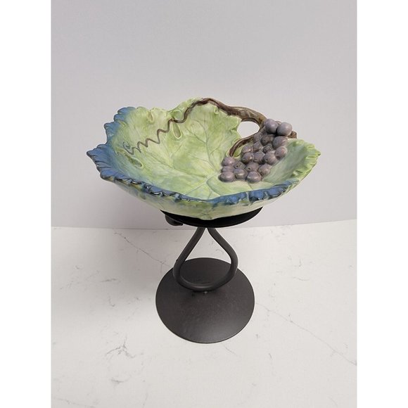 VTG Green Grape Leaf Takahashi San Francisco Pottery Ceramic Majolica Style Bowl - Picture 3 of 16